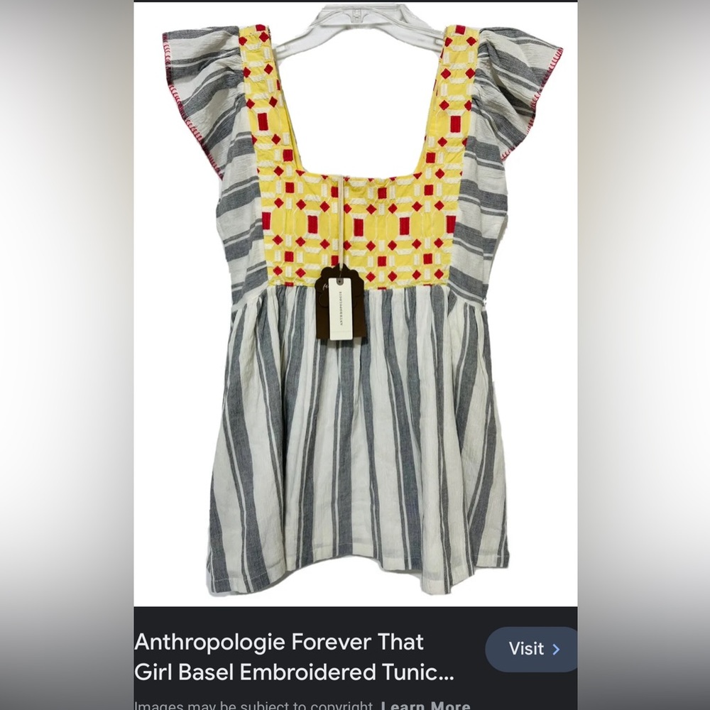 Anthropologie Embroidered Yellow & Gray Striped Tunic